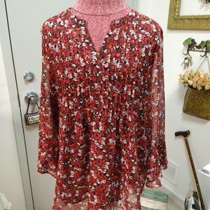 New Charter Club Long Sleeve Peasant Top With Red Roses Woman's Size L